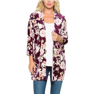 Boutique Women’s Burgundy Floral Velvet Open Front Kimono Cardigan Top Medium